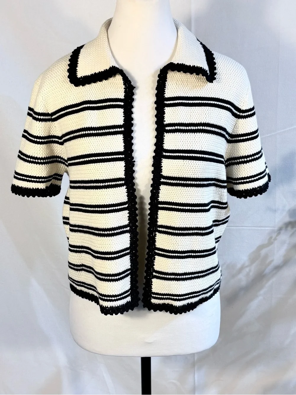💥NWT J.Crew Photo Sample Striped Crochet Knit Sweater Shirt Cotton Sz M🧡
